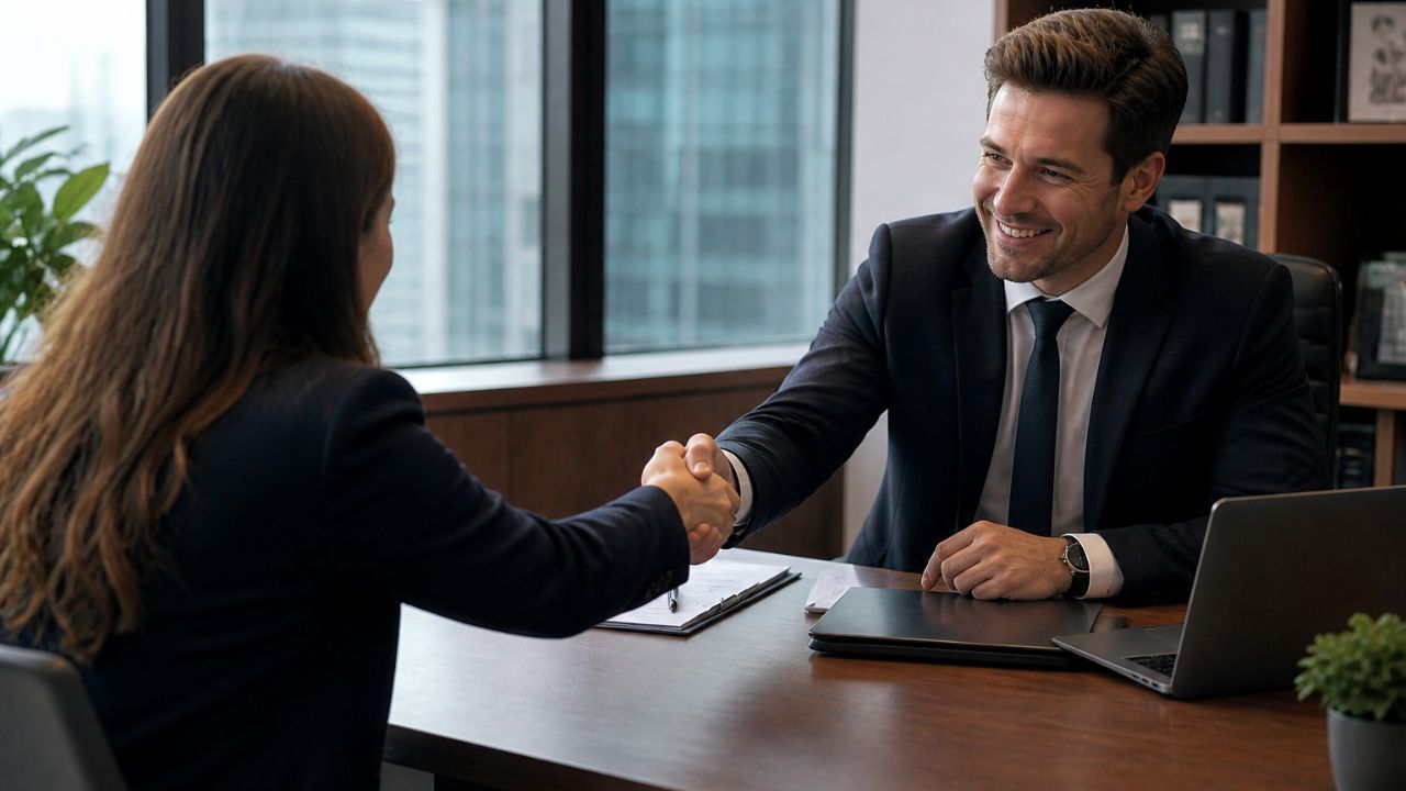 Builder shaking hands with a high-paying client in an office